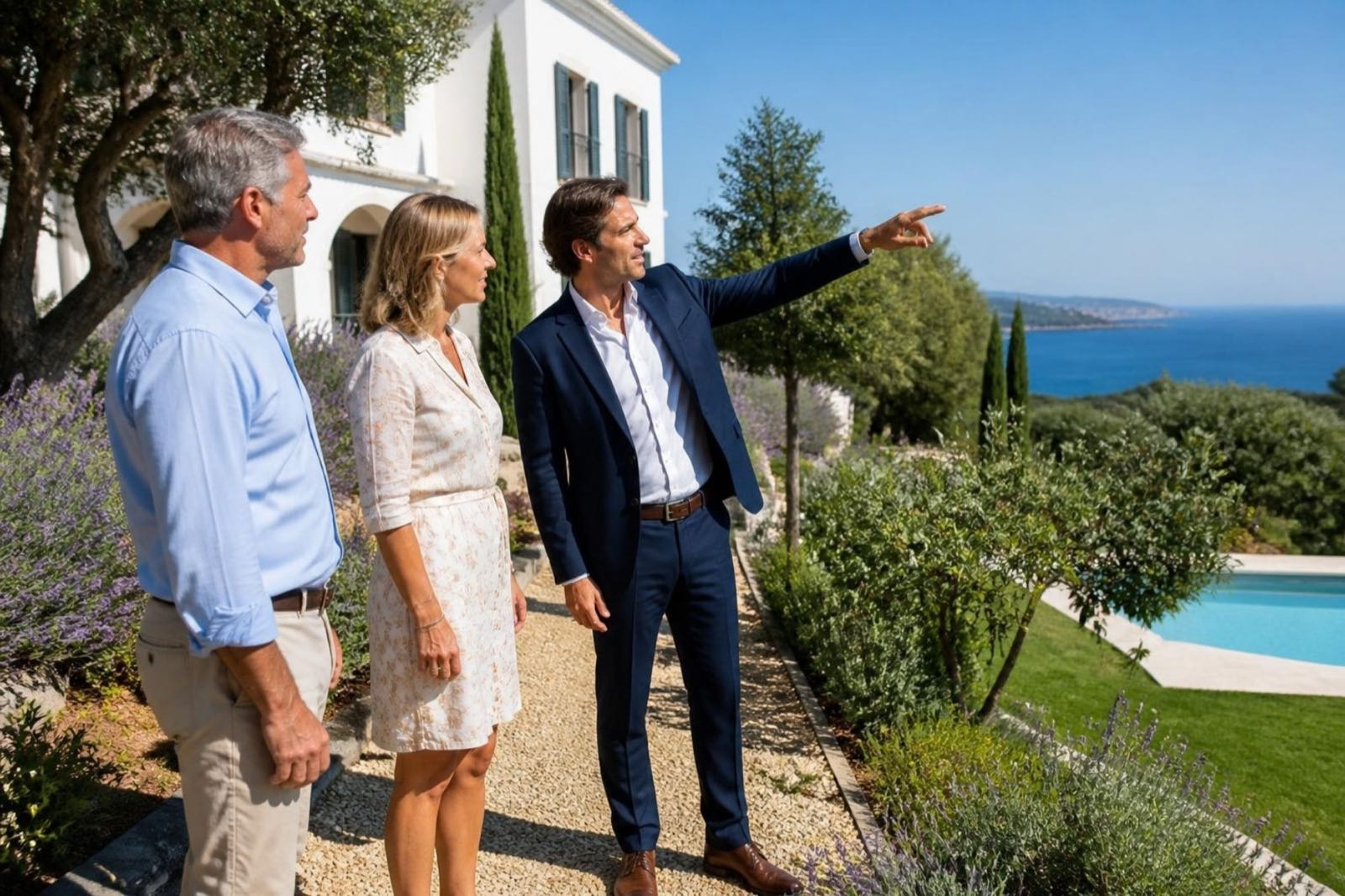 Deniz manzaralı beyaz bir villanın bahçesini bir çifte gezdiren emlak danışmanı