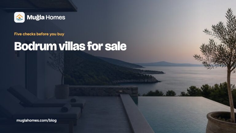 “Bodrum villas for sale” başlıklı Muğla Homes rehber kartı; ağaçlıklı bir koya bakan, küçük havuzlu bir villa terası fotoğrafı üzerinde